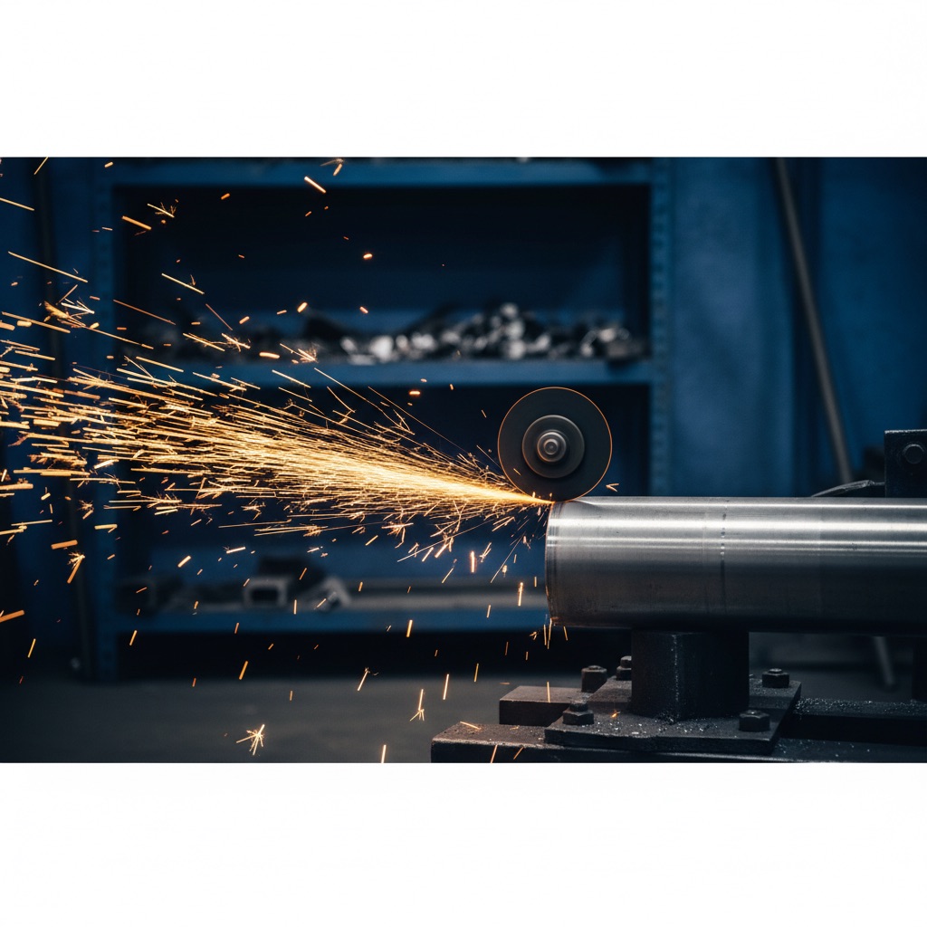 Disco abrasivo cortando acero inoxidable con chispas en taller industrial mexicano